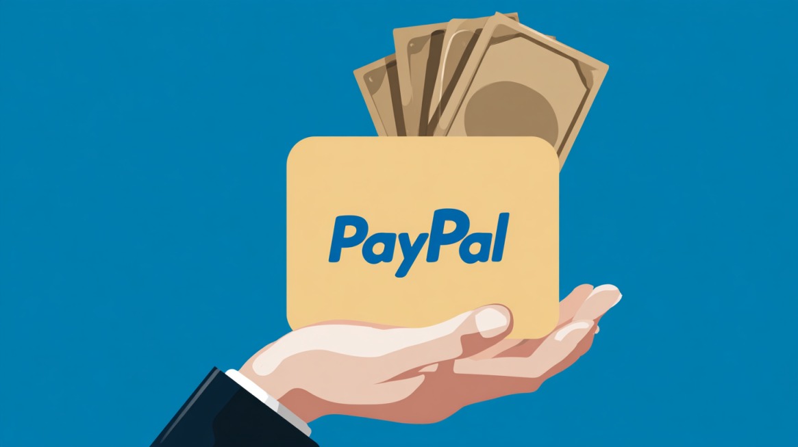 Ilustracija ruke koja drži PayPal karticu i novac