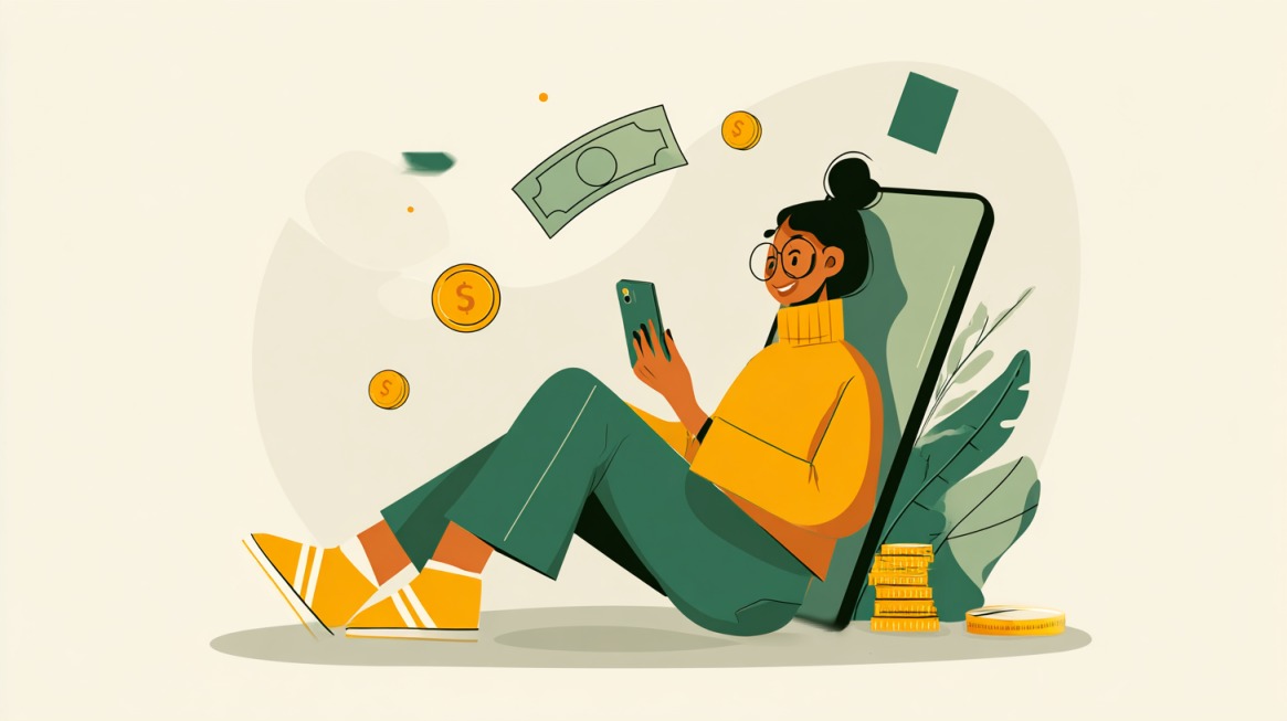 Ilustracija žene koja koristi telefon dok oko nje lebdi novac i zlatnici