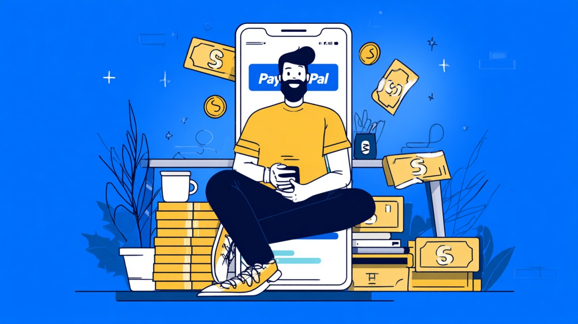 Ilustracija muškarca koji sedi ispred telefona sa PayPal aplikacijom, okružen novcem i simbolima dolara