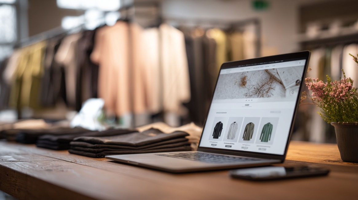 Laptop koji prikazuje onlajn prodavnicu odeće unutar modne radnje