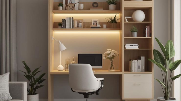 Moderan kućni radni prostor sa ugrađenim policama, toplim LED osvetljenjem, laptopom, belom stolicom i biljkama u elegantnom enterijeru.
