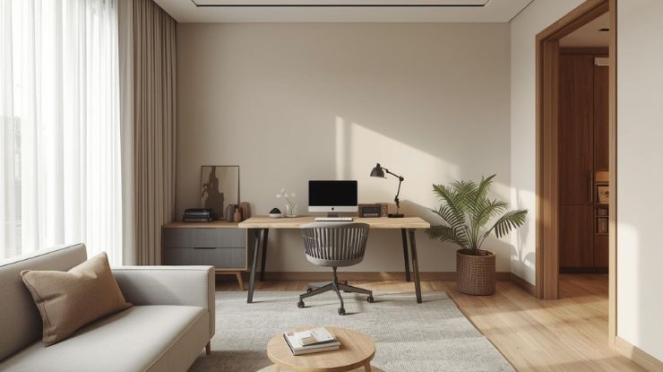 Elegantan kućni radni prostor u dnevnoj sobi sa minimalističkim stolom, računarom, stolicom, toplim neutralnim tonovima i prirodnim svetlom.