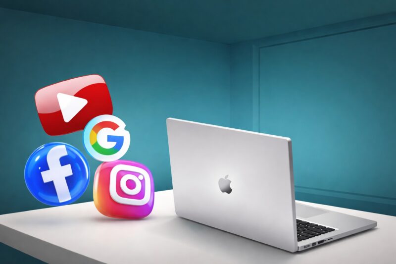 Laptop i ikone društvenih mreža kao simbol personalizovanog digitalnog marketinga