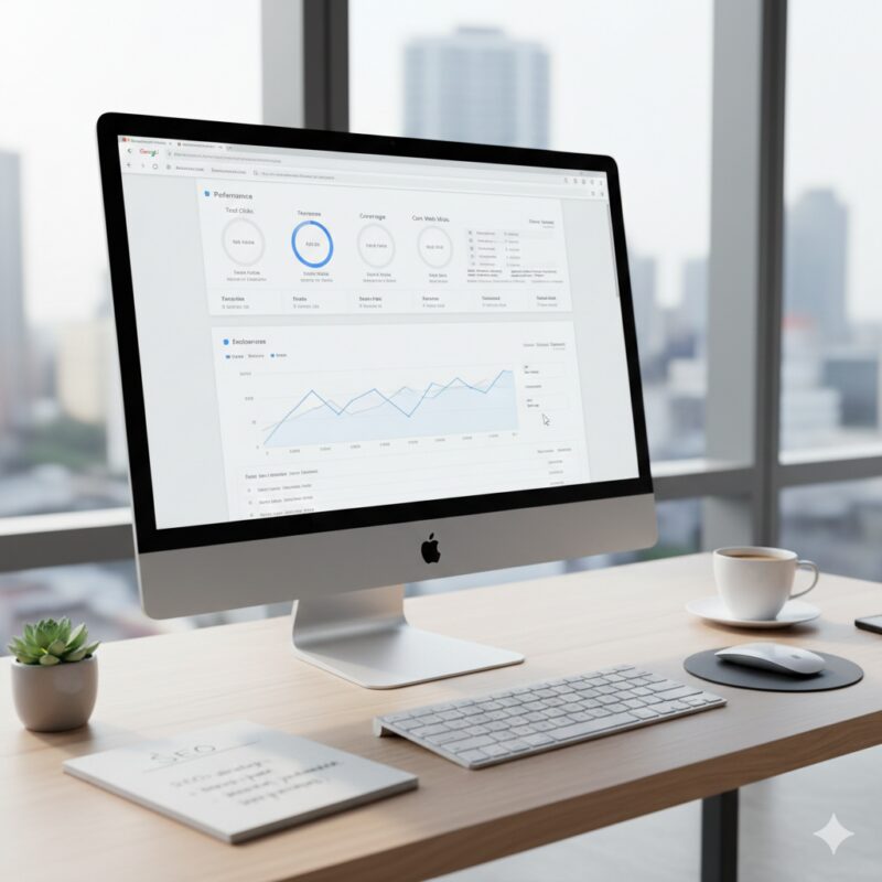 Monitor na radnom stolu koji prikazuje Google Search Console tabelu sa podacima o performansama sajta, klikovima i impresijama