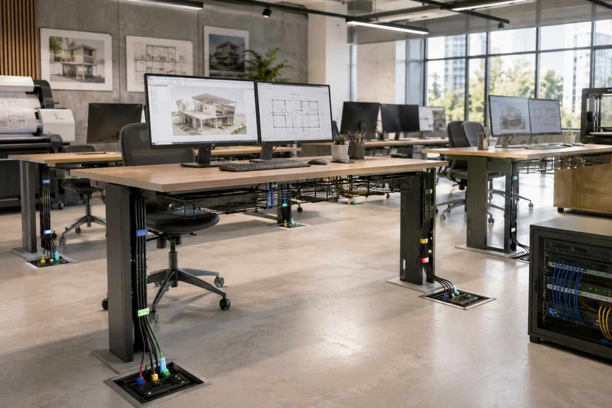 Moderan arhitektonski biro sa uredno organizovanim kablovima ispod radnih stolova, podnim elektro-kutijama, više monitora, ploterom, 3D štampačem i serverskim ormanom.