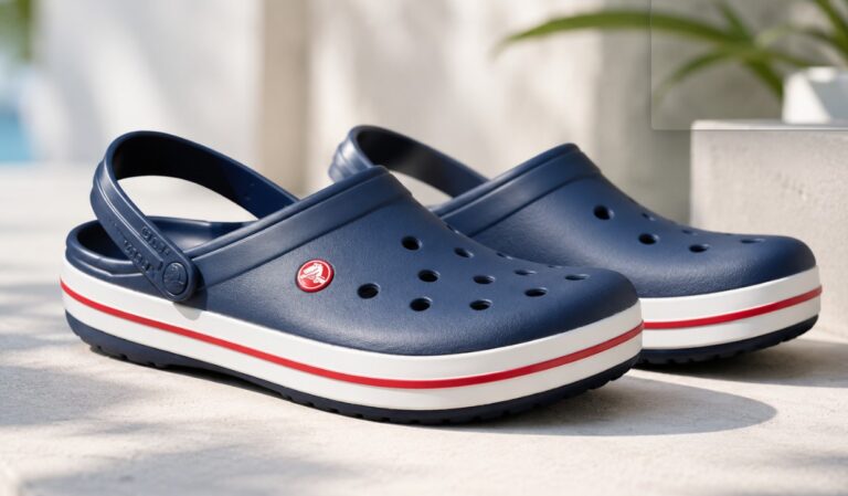 Teget Crocs papuče sa belim đonom i crvenom prugom u modernom, osunčanom ambijentu