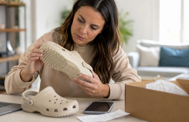 Žena za stolom proverava da li su Crocs papuče originalne, upoređujući model iz kutije sa prikazom na laptopu