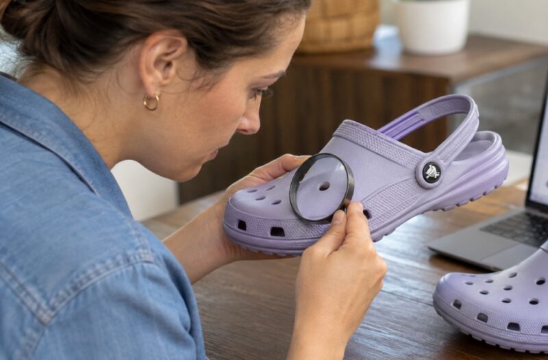 Žena lupom proverava logotip, bočnu zakovicu i pokretnu traku na ljubičastim Crocs papučama, upoređujući ih sa fotografijama na laptopu
