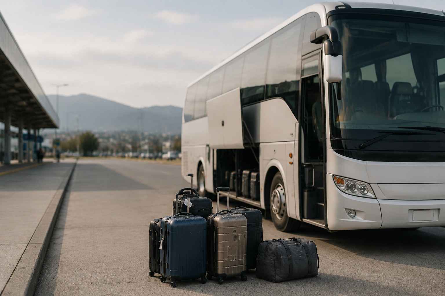 Autobus na stanici sa koferima pored prtljažnika