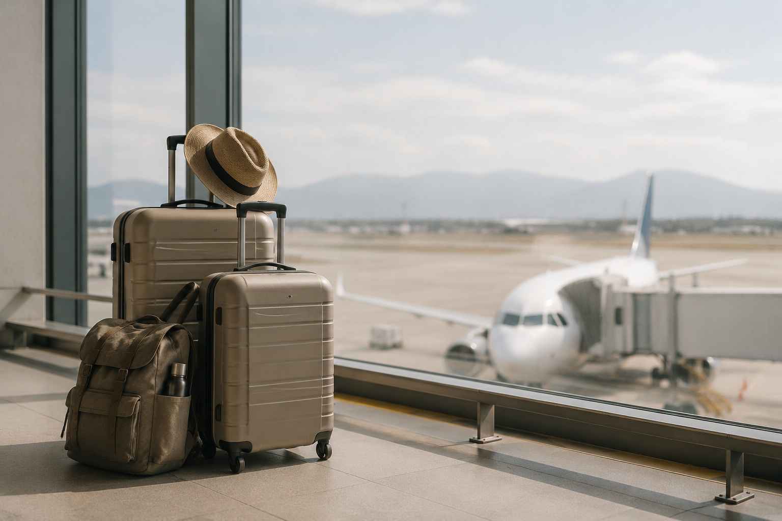 Koferi i ranac na aerodromu pored aviona