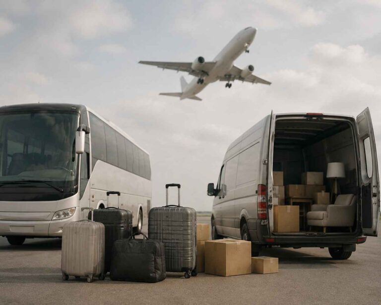 Koferi i kutije uz autobus, kombi i avion