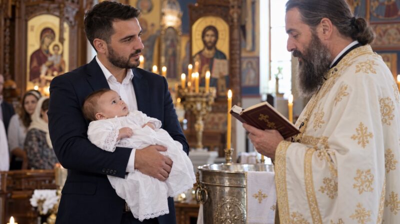 Kum drži dete u beloj odeći dok sveštenik čita molitvu tokom krštenja